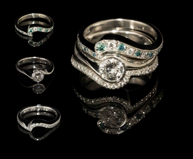 Palladium oak leaf engagement and wedding rings